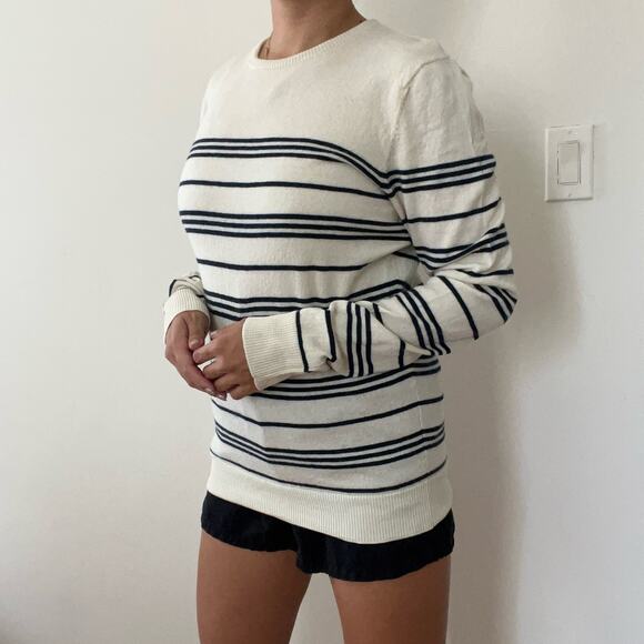 A.P.C. Womens Cream Black Stripe Crewneck 100% Wool Long Sweater Size M - Picture 11 of 12